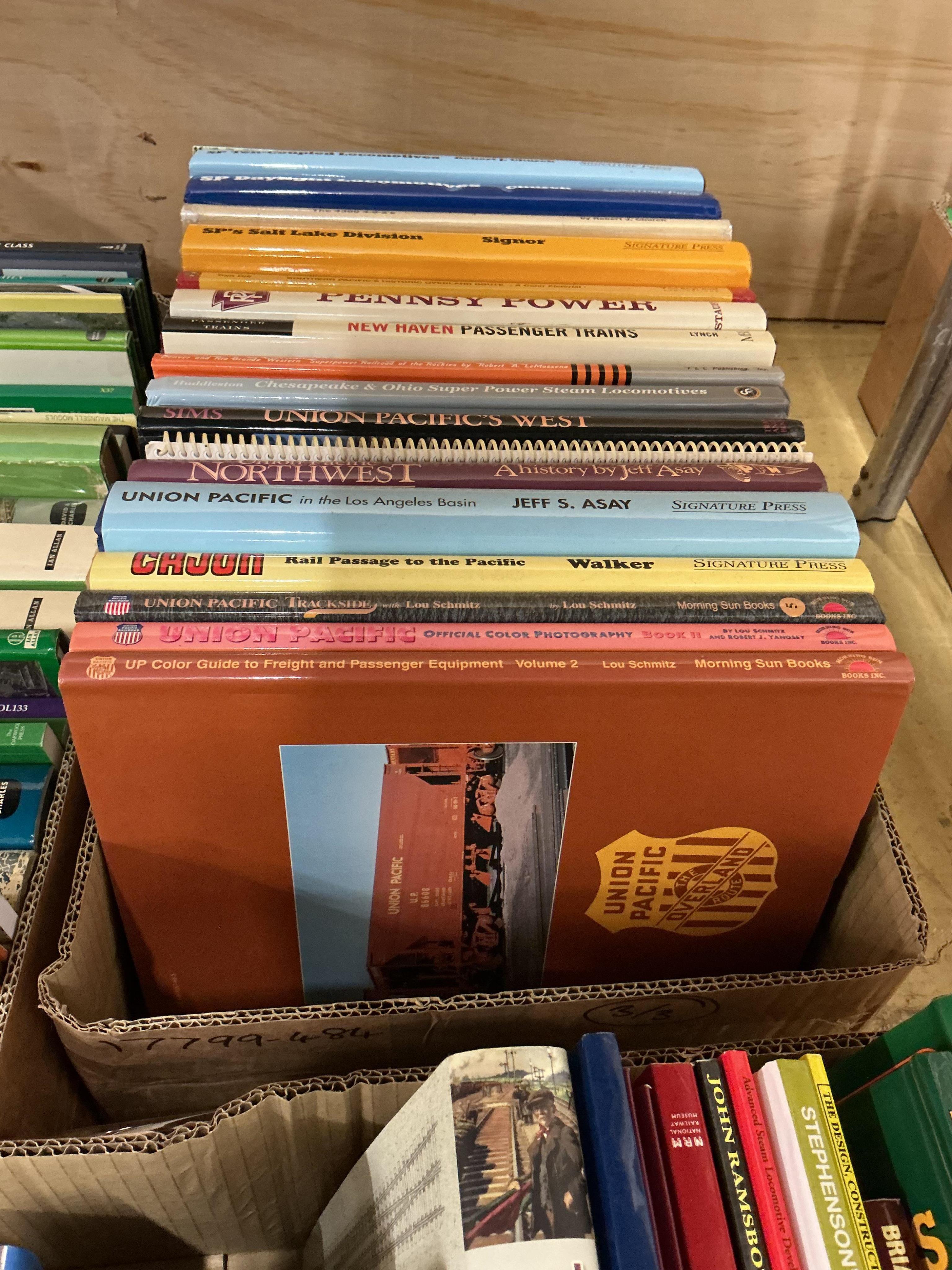 Three boxes of railway related books, subjects include; Stroudley Locomotives, Sussex Steam, the LSWR, Drummond Locomotives, the History of the Southern Railway, Sir Daniel Gooch, the Engine Driver’s Manual, A Pictorial